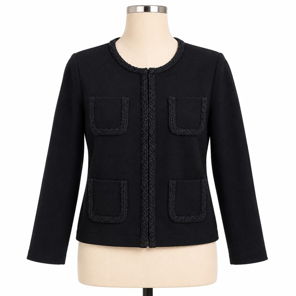 J.McLaughlin Lady Jacket Women Medium Black Braided Trim Open Front Pockets